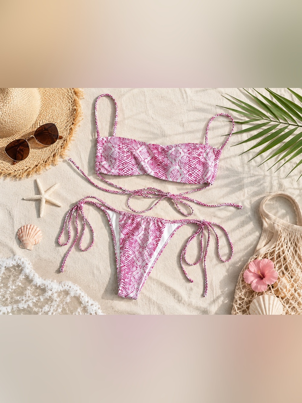 Zaful Pink Snakeskin Bikini Set Size S Tie Side Brazilian String Bikini NWT
